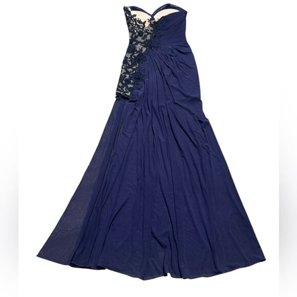 FORMAL SHERRI HILL navy blue high slit lace side sweet heart neckline gown sz 2 - Picture 3 of 8